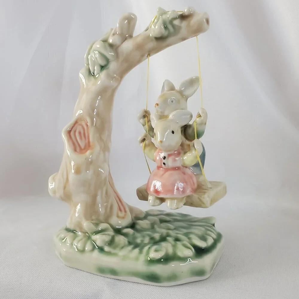 Tales of Bunny Hollow Ceramic Young Bunnies Tree Swing VTG 1993 Albert E Price